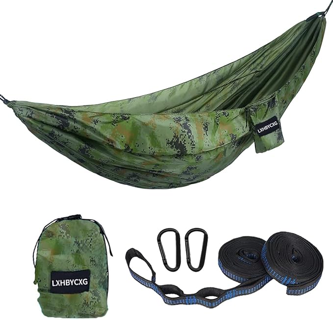 Camping Hammock Double & Single Portable Hammocks Ultralight Nylon Parachute Hammocks with 2 Tree Straps for Backpacking, Travel, Beach, Backyard, Camping, Hiking (Large, Camouflage)