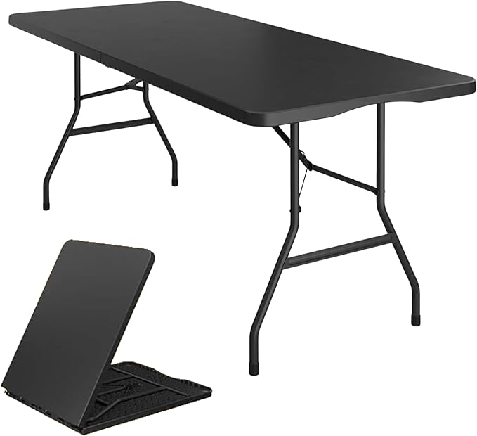 BTEXPERT Fold-in-Half Folding Utility Table 6 Feet 72" x 29.5" Lightweight Portable Carrying Handle, Indoor Outdoor Picnic Camping Office Home Party Wedding Event Easy to Clean Store & Care Black