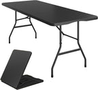 BTEXPERT Fold-in-Half Folding Utility Table 6 Feet 72" x 29.5" Lightweight Portable Carrying Handle, Indoor Outdoor Picnic Camping Office Home Party Wedding Event Easy to Clean Store & Care Black