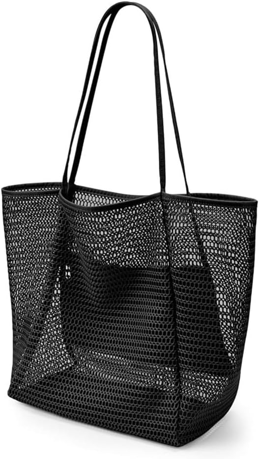 CWB&ADB Large Mesh Beach Tote Bag, Foldable Summer Handbag, Tan
