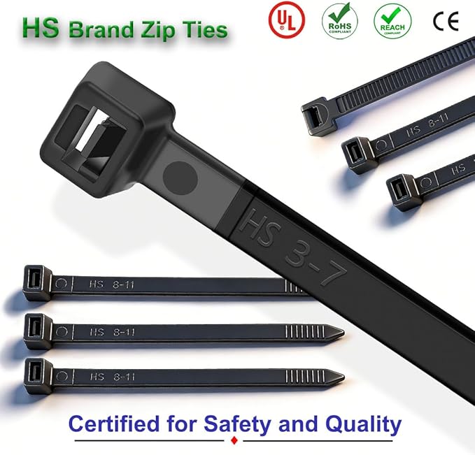 HS 10 Inch Zip Ties Black 50 Pounds Tensile Strength Strong Wide Straps (100 Pack) Nylon PA66 UV Resistant,Self-Locking Medium Electrical Plastic Cable Wire Zipties for Outdoor Use,Multi Purpose