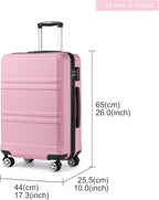 Kono 24 Inch Luggage Suitcase Lightweight with Spinner Wheels TSA Lock Hardside Medium Checked Luggage Durable Rolling Suitcase Pink