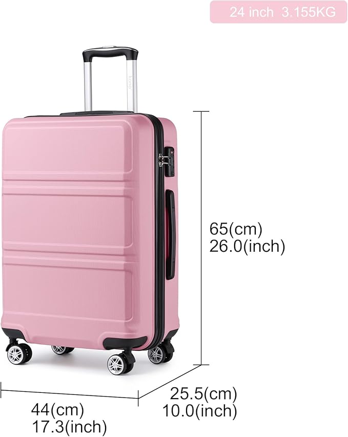 Kono 24 Inch Luggage Suitcase Lightweight with Spinner Wheels TSA Lock Hardside Medium Checked Luggage Durable Rolling Suitcase Pink