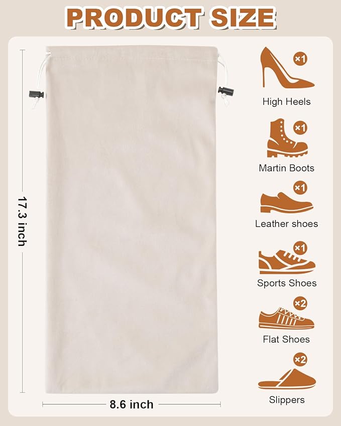 6 Pcs Single Shoe Bags for Travel, 17.3"x8.6" Washable Travel Shoe Bags for Packing in Suitcase, Velvet Dust Bag with Drawstring, Shoe Pouch for Women and Men, Travel and Home Storage (Beige)