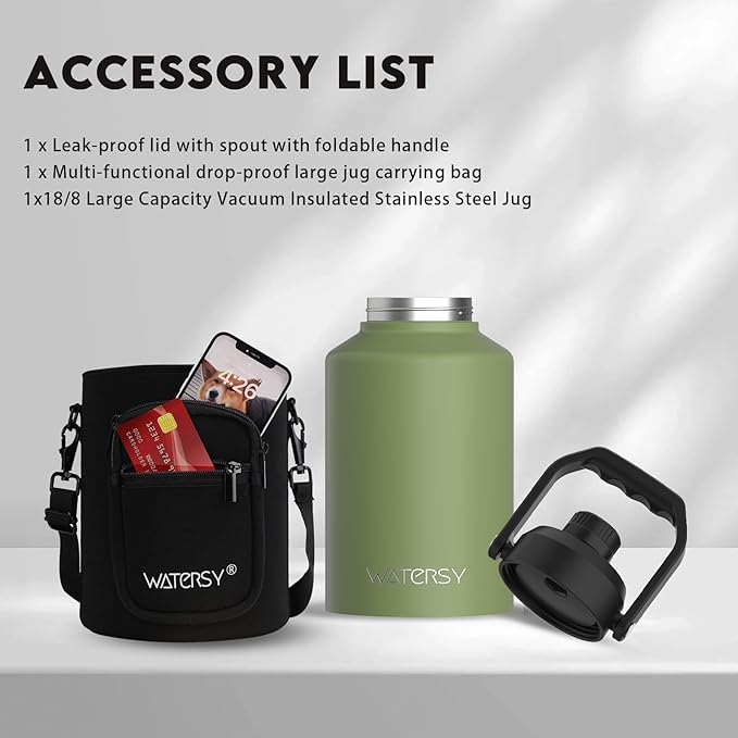WATERSY 1 Gallon Water Bottle Insulated(Cold for 48 Hrs),BPA Free&Leak Proof,128oz Stainless Steel Water Jug,Big thermo,Large Water Bottle with Handle for Gym,Hiking,Camping&Travel,Olive Green