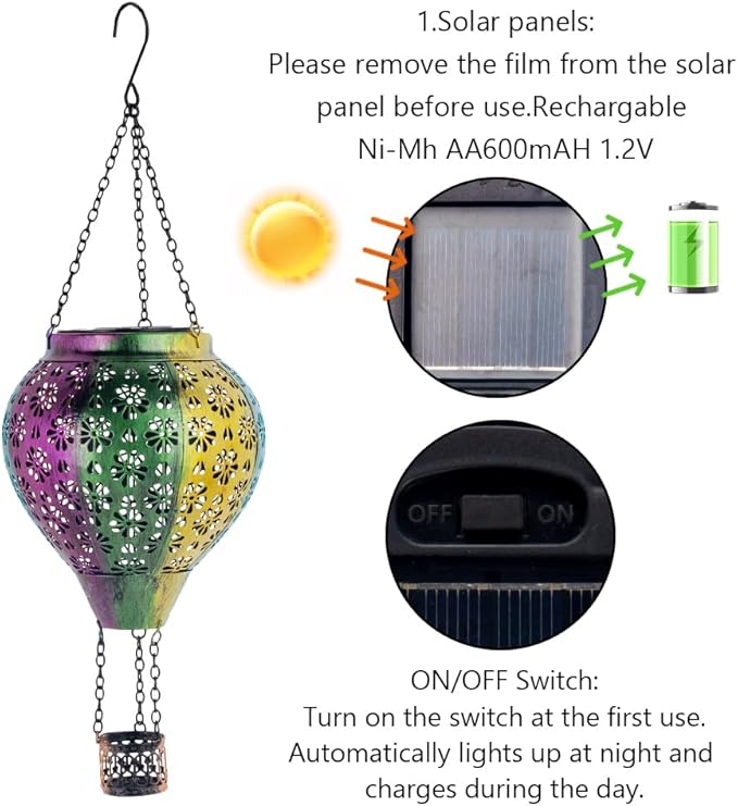Stargarden Hot Air Balloon Solar Lantern, Flower Hollow Out Lanterns Decorative Outdoor, Colorful Hot Air Balloon Handmade Lighting Products, Metal Solar Hanging Lights Outdoor for Yard