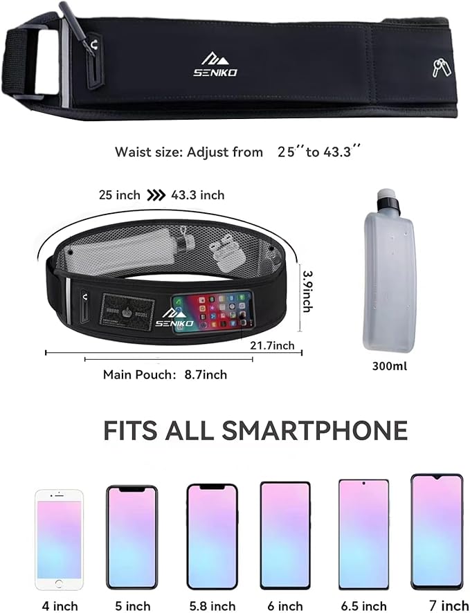 SENIKO Running Belt Hydration with Bottles,Fanny Pack Water Bottle Holder, Zipper Waist Pouch Fits Most phones,Zerobounce Design for Cycling Climbing Marathon (Watter Bottle Included)