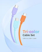 Cable Matters 3-Pack Short USB A to USB C Cable 1ft in Orange Blue Purple, Support Apple CarPlay, Android Auto, USBA to USBC Charging Cable for iPhone 16/15 Pro Max Plus, Galaxy S23