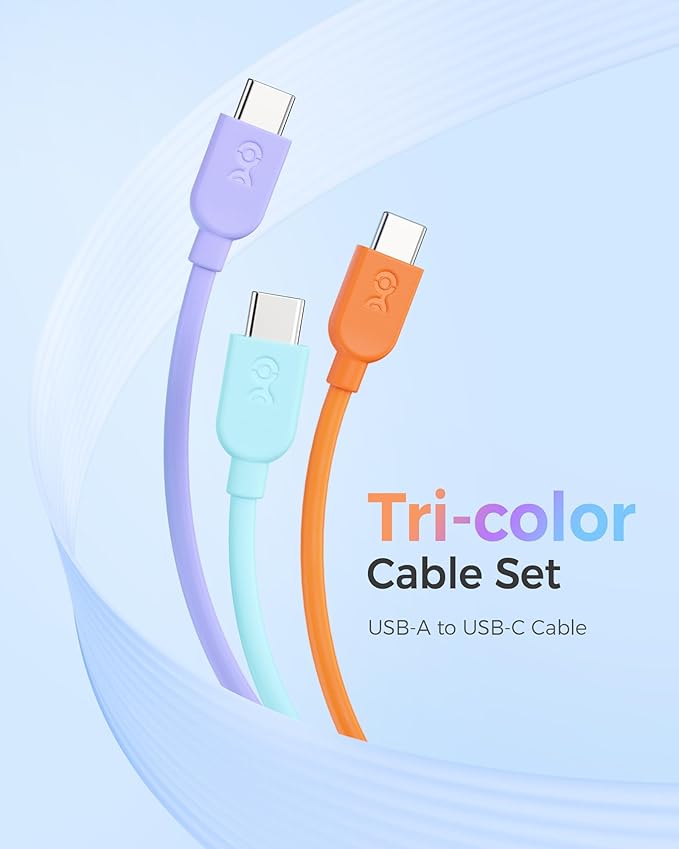 Cable Matters 3-Pack Short USB A to USB C Cable 1ft in Orange Blue Purple, Support Apple CarPlay, Android Auto, USBA to USBC Charging Cable for iPhone 16/15 Pro Max Plus, Galaxy S23