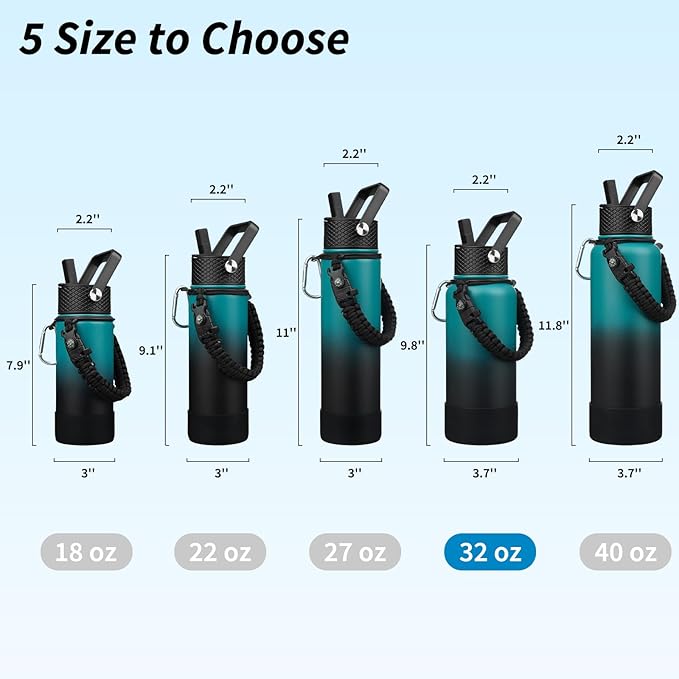 BJPKPK 32oz Insulated Water Bottles with 3 Lids, Paracord Handle & Non-slip Boot, Stainless Steel Metal Water Bottle,Reusable BPA Free Thermo, Tumblers, Army Green & Black