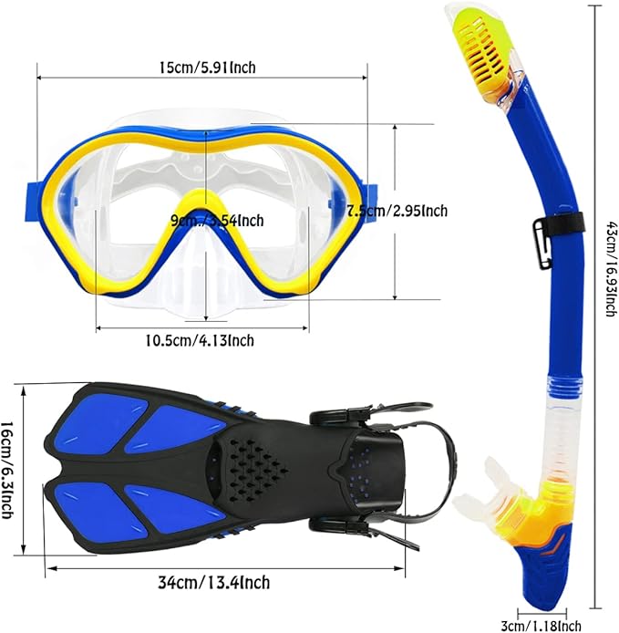 Kids Mask Fins Snorkel Set Snorkeling Packages, with Diving Mask, Snorkel, Adjustable Swim Fins, Mesh Bag, Anti-Fog Anti-Leak Snorkeling Gear for Kids for Snorkeling Swimming Diving