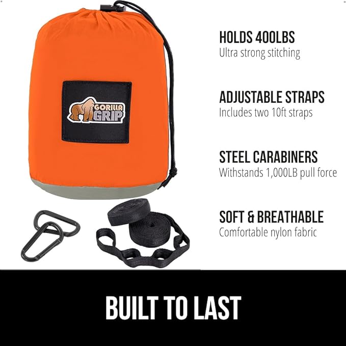 GORILLA GRIP Durable Portable Camping Hammock, Holds 400lbs with Heavy Duty Tree Straps, Comfortable Travel Swing, Camp Hammocks, Easy to Use and Install, Outdoor Essentials, Orange, 9x4.5 FT
