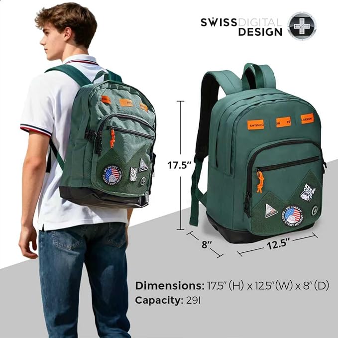 Swissdigital Design Big Student Laptop Backpack with Fun Personalized Patches For College Boy & Girl, Middle High School Teen Bookbag Cool Travel Daypack Green - Includes 3 Patches | SD1718-22
