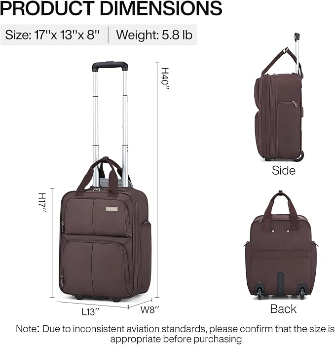 Hanke Softside Underseat Carry On Luggage with Wheels,Travel Luggage Rolling Bag Small Suitcase，Coffee, Underseater 16-Inch