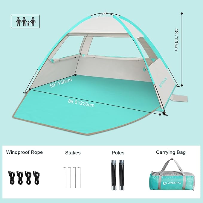 Venustas Beach Tent Sun Shelter for 3/4-5/6-7/8-10 Person, UPF 50+ UV Protection Beach Canopy, Lightweight and Easy Setup Cabana, Portable Shade Tent