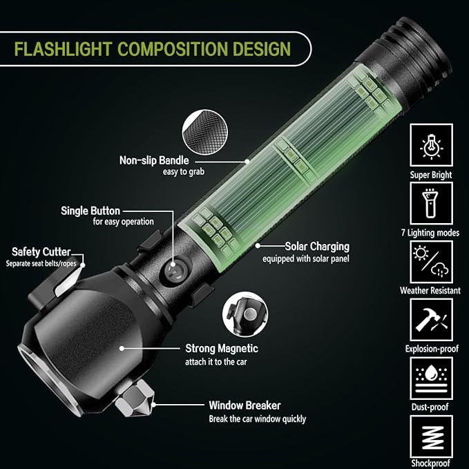 Rechargeable Solar Powered Flashlight,Multi Function LED Tactical Flashlight with Glass Breaker,Seatbelt Cutter,Alarm and Phone Charger,Powerful Handheld Flashlights for Emergencies Camping