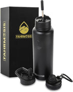 40 Oz Water Bottle with Straw Stainless Steel Sports Water Bottle with 3 Lids (Straw, Chug and Flip Lid) Insulated Leak Proof Metal Jug for Men & Women - Black