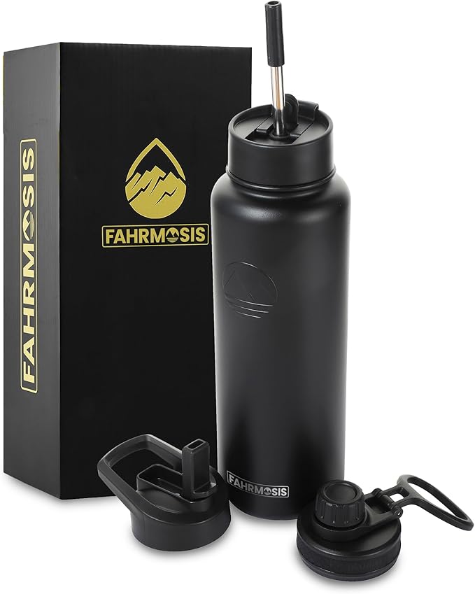40 Oz Water Bottle with Straw Stainless Steel Sports Water Bottle with 3 Lids (Straw, Chug and Flip Lid) Insulated Leak Proof Metal Jug for Men & Women - Black