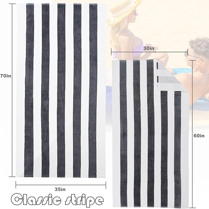 Exclusivo Mezcla 2 Pack Cotton Oversized 35x70 Inches Cabana Stripe Beach Towels, Super Absorbent Soft Plush Pool Bath Towel (Charcoal Grey)