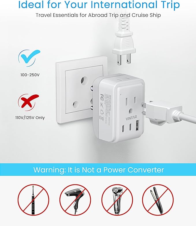 2 Pack US to India Plug Adapter, VINTAR Foldable India Power Adapter with 2 Outlets and 3 USB Ports(2 USB C), 5 in 1 Type D Plug Adapter for US to India Bangladesh Maldives Pakistan Sri Lanka