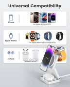 3-in-1 Wireless Charger for iPhone,15W Fast Wireless Charging Station Compatible with Mag-Safe Charger,Magnetic Foldable Travel Charger Stand Nightstand for iPhone 17/16/15/14/13,Apple Watch&AirPods