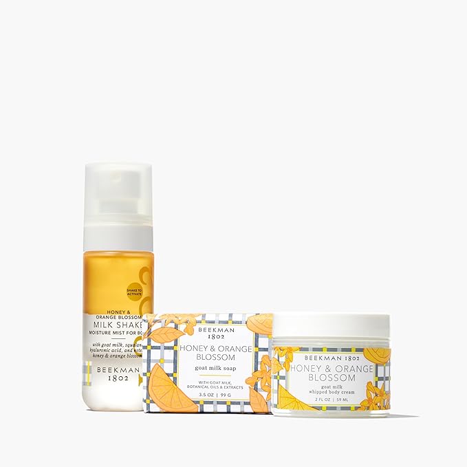 Beekman 1802 Honey & Orange Blossom 3-Piece Body Care Set – Goat Milk Skincare Gift Set with Bar Soap, Whipped Body Cream & Hydrating Body Mist – Travel Size Body Care Kit