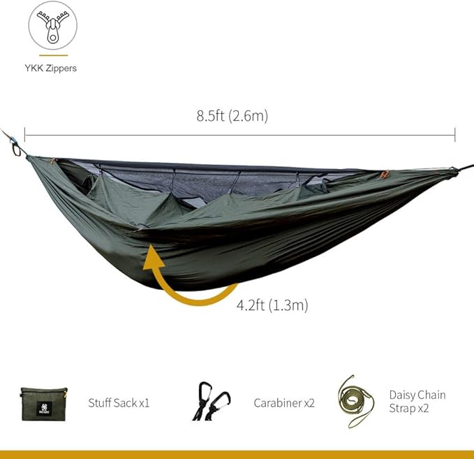 OneTigris KOMPOUND Camping Hammock with Net, Lightweight Portable Hammock with Warm Internal Cover & Tree Friendly Straps for Backpacking, Camping, Hiking, Travel, Beach, Backyard Od Green