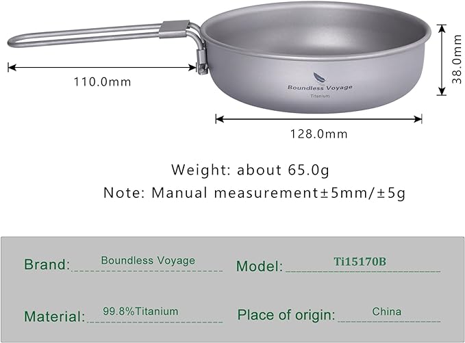 Boundless Voyage Ultra-light Titanium Frying Pan with Folding Handle Outdoor Camping Skillet Griddle Tableware Titanium Pan Ti15170B