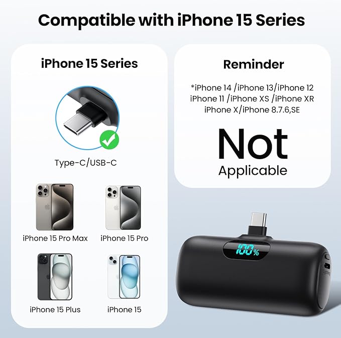 Mini Portable Charger USB C Power Bank,Upgraded 5000mAh PD Fast Charging Battery Pack Built-in USB-C Connector,LCD Display,Compatible with iPhone16,16 Plus,16Pro/Max/15,iPad Pro/Air,Android Phone etc