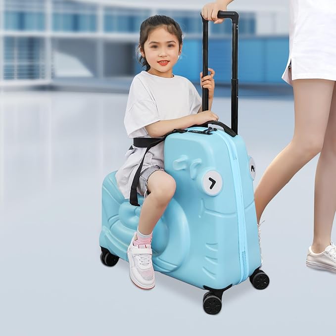 Kids Ride-On Luggage 20" with Spinner Wheels, Children's Travel Suitcase with Seat & Password Lock, Blue Cartoon Carry-On Trolley for Ages 1-6