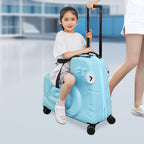 Kids Ride-On Luggage 20" with Spinner Wheels, Children's Travel Suitcase with Seat & Password Lock, Blue Cartoon Carry-On Trolley for Ages 1-6