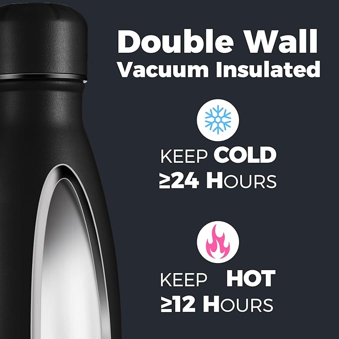 Volhoply 25oz Insulated Water Bottles 1/2/4 Pack, Double Wall Stainless Steel Vacuum Flask Keeps Cold & Hot, BPA Free Leakproof Bottle (Black,2 Pack)