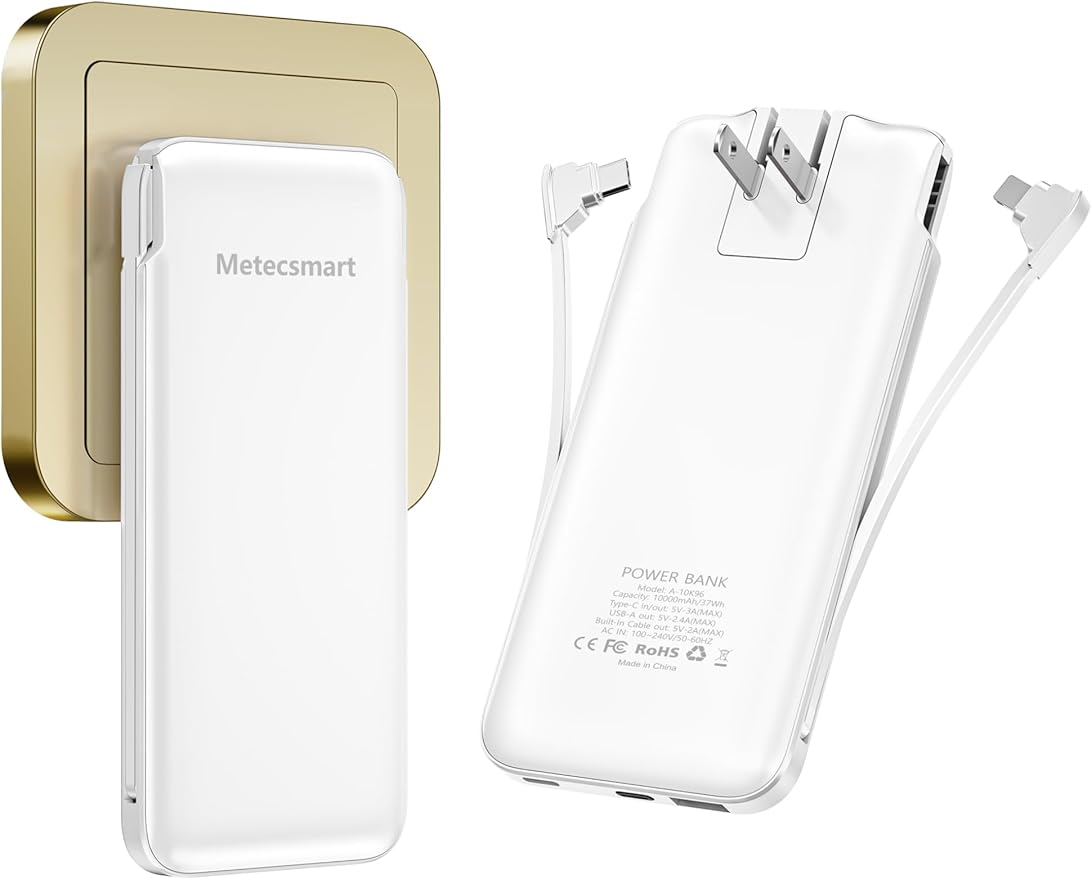 Portable Charger Power Bank with Built-in Cable & AC Plug, 10000mAh Fast USB-C Charger, Slim Mini Battery for iPhone 16/15/14/13/Pro/Max & All USB-C Devices