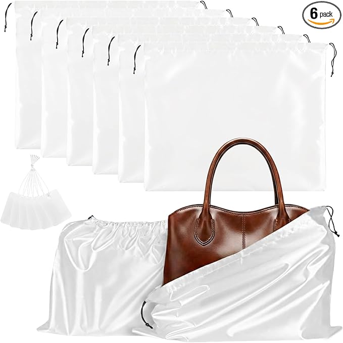 Q&J Fabric Co. 6 Pack Satin Dust Bags for Purses and Handbags - Purse Storage Organizer with Drawstring, Dustproof Travel Storage Pouches for Handbags, Shoes, Boots & Clothes (15.7"x19.7", White)