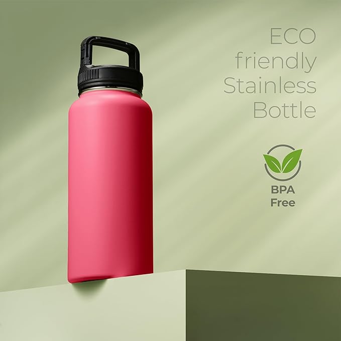 SipX™ Triple-Insulated Stainless Steel Water Bottle 32oz. With 3 Lids, BPA-Free Reusable Insulated Water Bottle Keeps Cold 24 Hours, (Red)