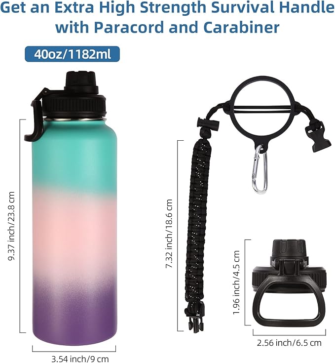Volhoply 40 oz Insulated Water Bottles Paracord Handle, Stainless Steel Sports Bottle with Spout Lid, Double Walled Vacuum Metal Water Cups, Reusable Water Cup for Adults (Gradient Color, 1 Set)