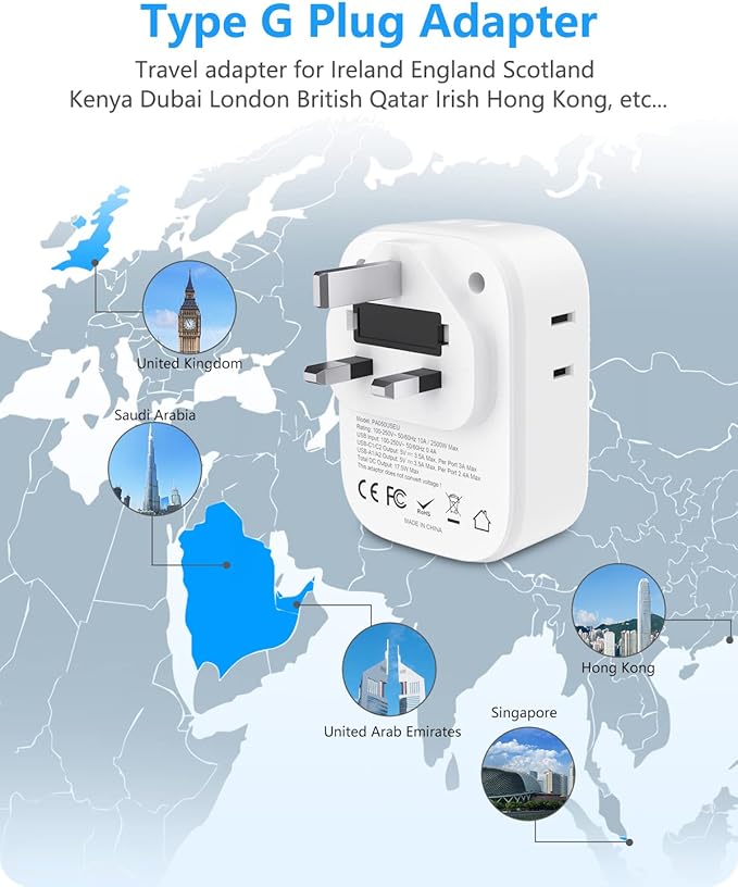 LENCENT US to UK Ireland Travel Plug Adapter, Grounded Type G Adapter for Travel with 4 Outlets 4 USB Ports(2 USB C), Power Plug for USA to Dubai Scotland British London England Hong Kong Singapore