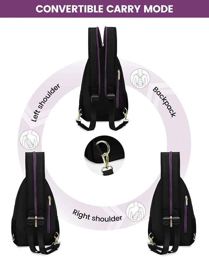 LOVEVOOK Sling Bag for Women, Sling Backpack Crossbody Bag Convertible, Small Diaper Bag Hiking Daypacks Water-resistant, Travel Shoulder Bag Chest Bag, Black Blue Purple