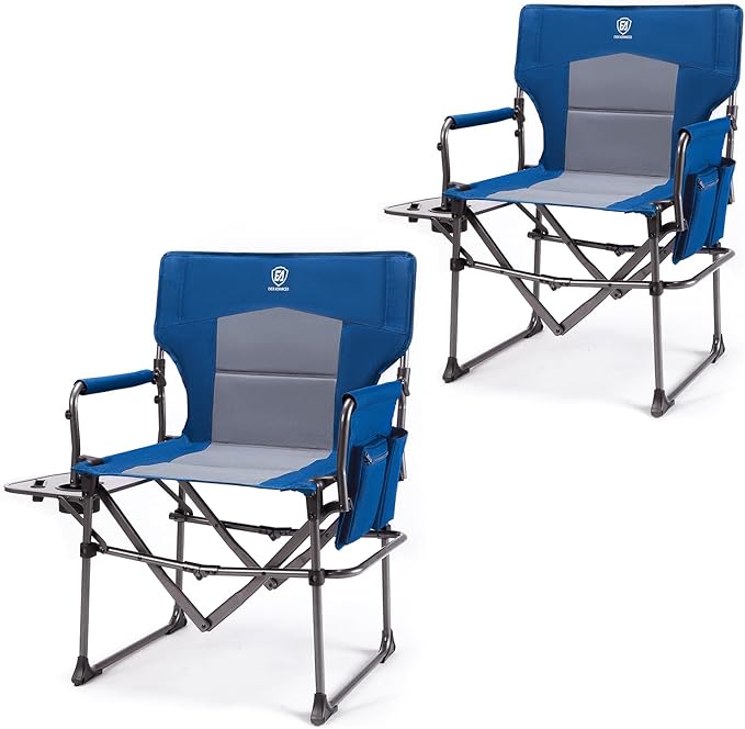 EVER ADVANCED Camping Directors' Chair with Side Table, Portable Folding Chair with Compact Size, Heavy Duty Lawn Chair with Pocket for Camping, Lawn, Sports and Fishing, 400lbs, Blue 2 Pack