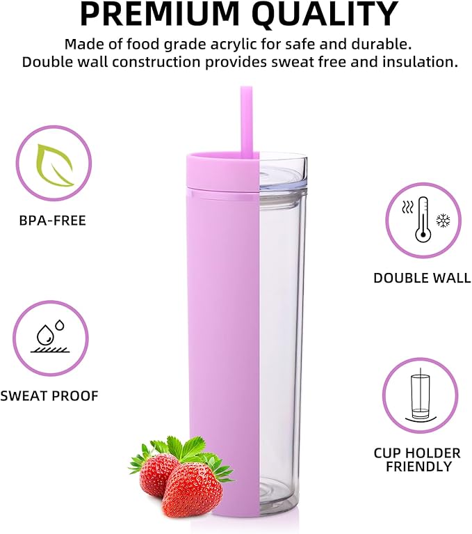 Volhoply 20oz Plastic Skinny Tumblers Bulk 10 Pack,Double Wall Tumbler with Lid and Straw,BPA Free Matte Acrylic Ice Coffee Cups With Straw,Reusable Travel Cute Mug for Party,DIY Gift(Purple,10 Set)