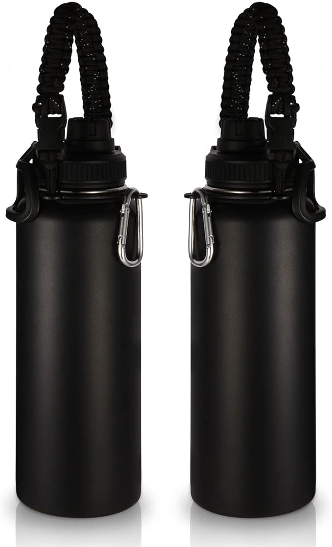 Volhoply Insulated Water Bottles Bulk 2 Pack, 40 oz Stainless Steel Sports Bottle with Paracord Handle & Spout Lid,Metal Travel Water Cups with Wide Mouth,Reusable Big jug for Adults(Black,2 Set)