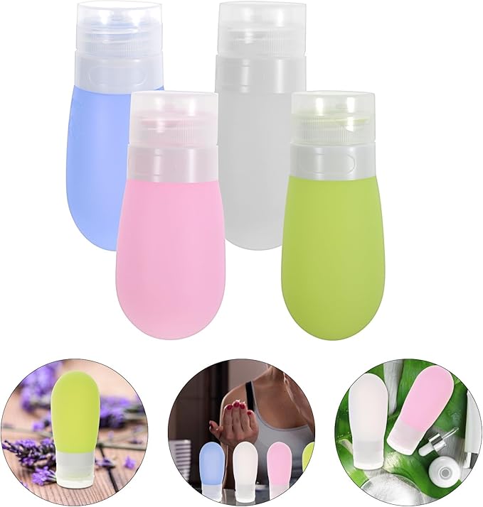 Travel Squeeze Bottles Set of 4-80ml Silicone Toiletry Containers for Travel Shampoo Conditioner Lotion - Portable Leakproof in White Green Blue and Pink for Tsa-approved Hand