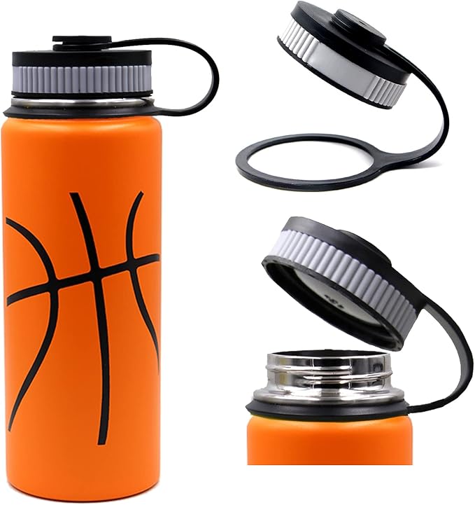 18 oz Basketball Water Bottle, Sports Cup Flask Metal Travel Mug with 2 Lids, Stainless Steel Double Wall Vacuum Leak Proof Insulated Water Bottles, Basketball Accessories Stuff Gifts for Boys Girls