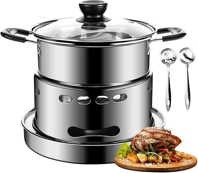 Camping Cookware Set, Portable Camping Stove With Pot Stainless Steel Alcohol Stove, No Electricity Required Adjustable Fire, for Camping Outdoor Kitchen Cooking Picnic for 1-4