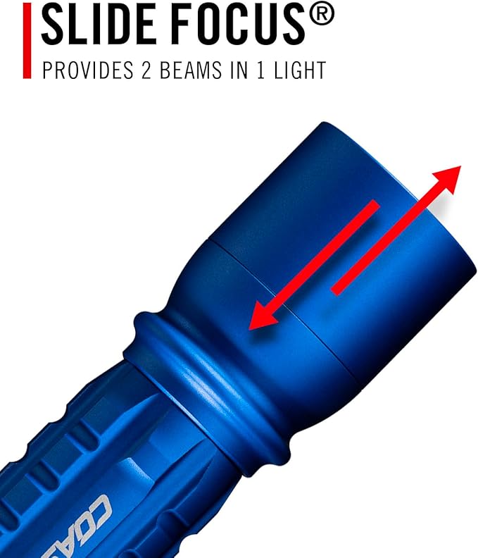 Coast XP11R 2600 Lumen USB-C Rechargeable LED Flashlight with Slide Focus® and Pure Beam® Focusing Optic, 4 Light Modes, Blue