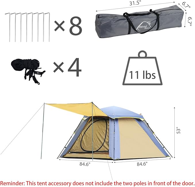 Wind Tour 3-4 Persons Instant Automatic Family Camping Tent Quick Set up Tent for Beach, Traveling, Hiking, Mountaineering, Outdoor Activities