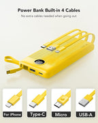 VRURC Portable Charger with Built-in Cables, 10000mAh LED Display USB C Power Bank, Slim Travel Battery Pack with 5 Output 2 Input Compatible with iPhone,Samsung,Android etc-Yellow(1 Pack)