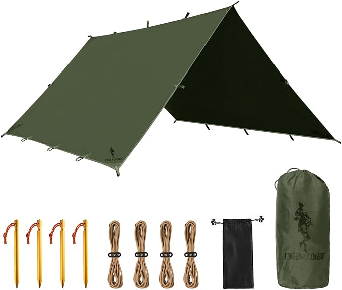 FREE SOLDIER Camping Tarp Waterproof Portable Multifunctional Outdoor Camping Traveling Awning Backpacking Shelter Rain Tarp (Dark Green 10×13ft)
