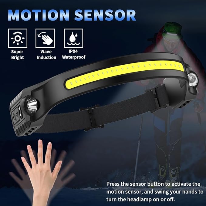 Headlamp Rechargeable 5Pack, 230° Wide Beam Head Lamp with 2 Spotlights, LED Headlamp with Motion Sensor, 5Mode Rechargeable Headlamp, Head Lights for Forehead, Headlamps for Adults Running Hard Hat