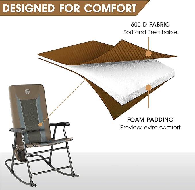 TIMBER RIDGE Foldable Padded Rocking Chair Set of 2 for Outdoor, High Back and Heavy Duty, Portable for Camping, Patio, Lawn, Garden, Yard or Balcony, Supports 300lbs, Brown